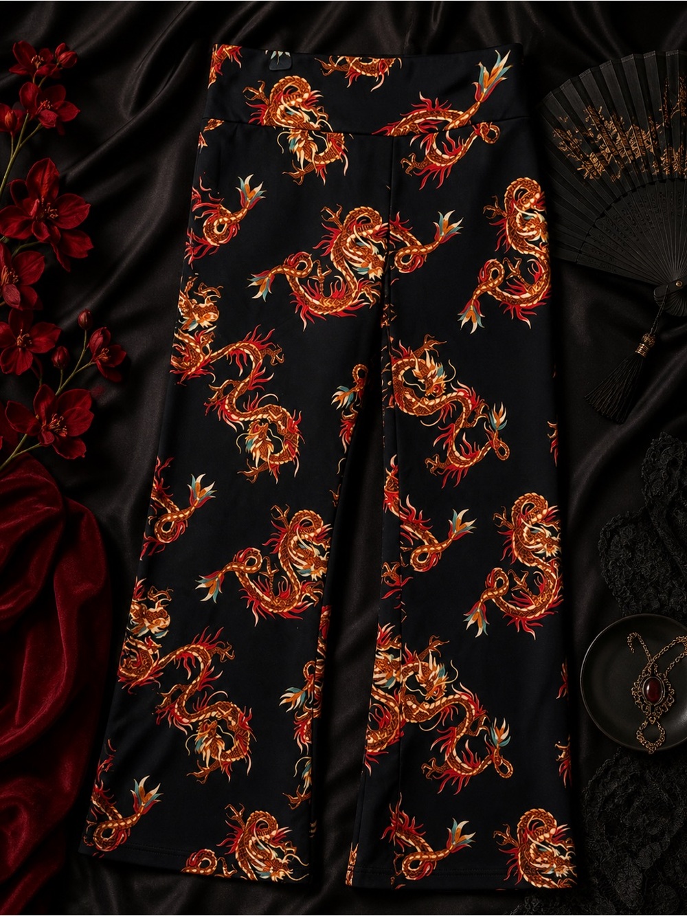 Black Dragon Print Wide-Leg Pants